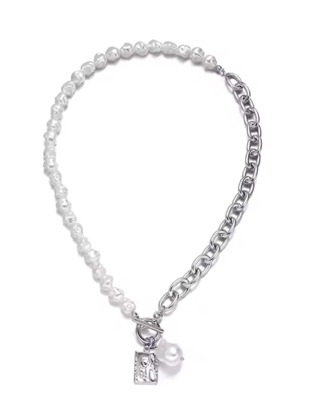 Baroque Irregular Pearl & Silver Tone Lock Necklace NEW